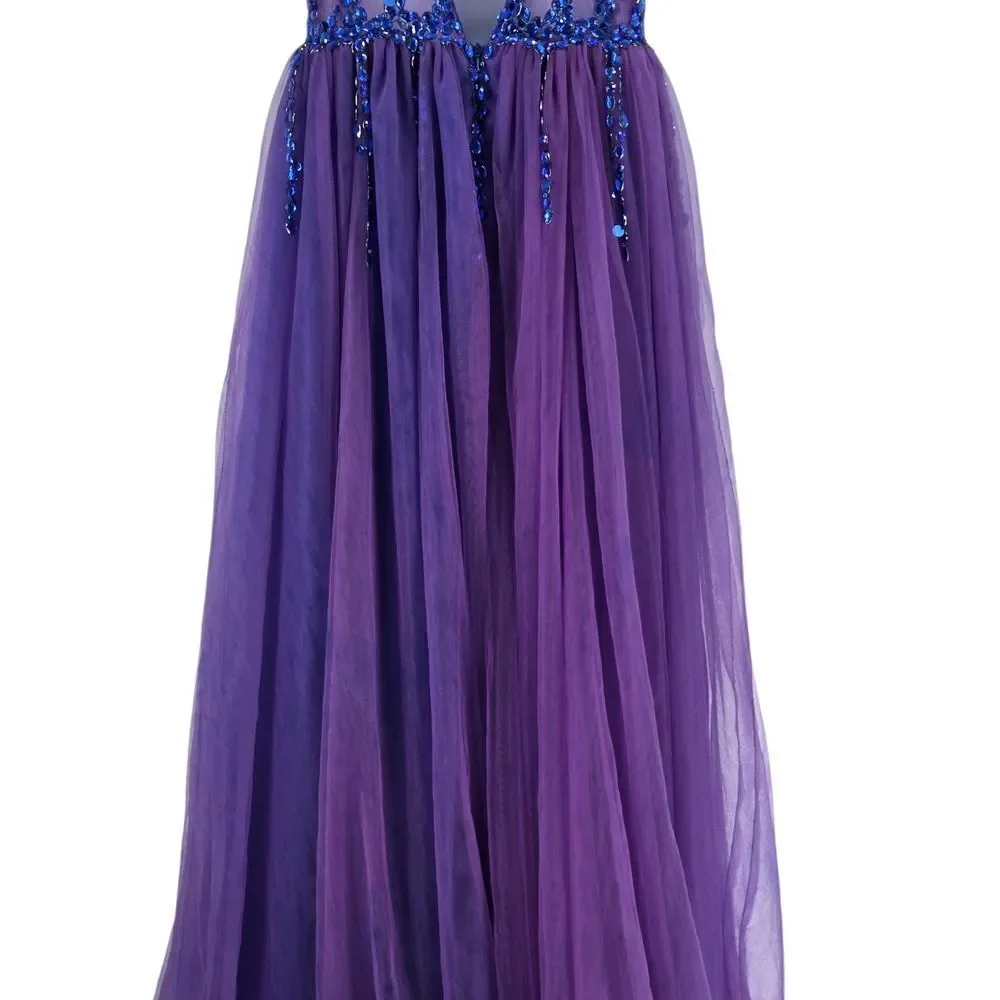 Elegant Purple Evening Gown With Blue Rhinestone Details